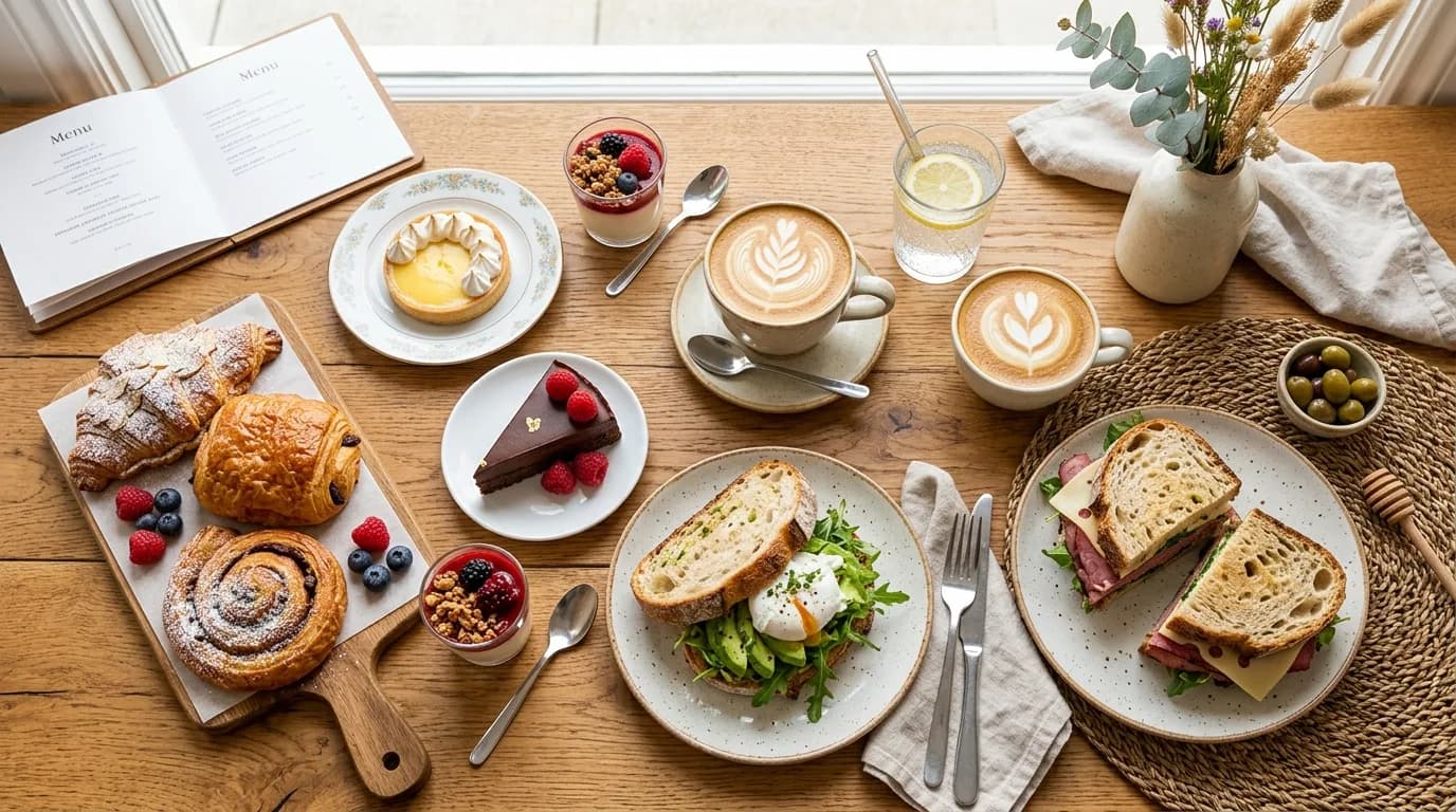 A spread of pastries and coffee on a wooden table.