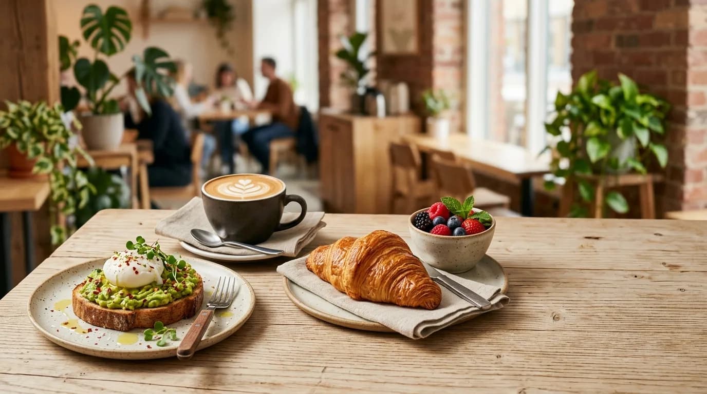 Breakfast plates and coffee on a table, seen from above.