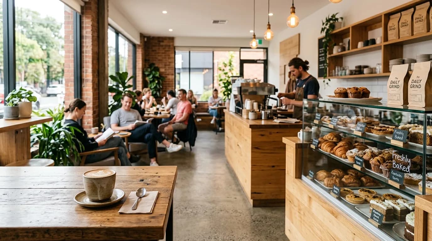 A cup of coffee and a pastry on a table in a bright, plant-filled café.