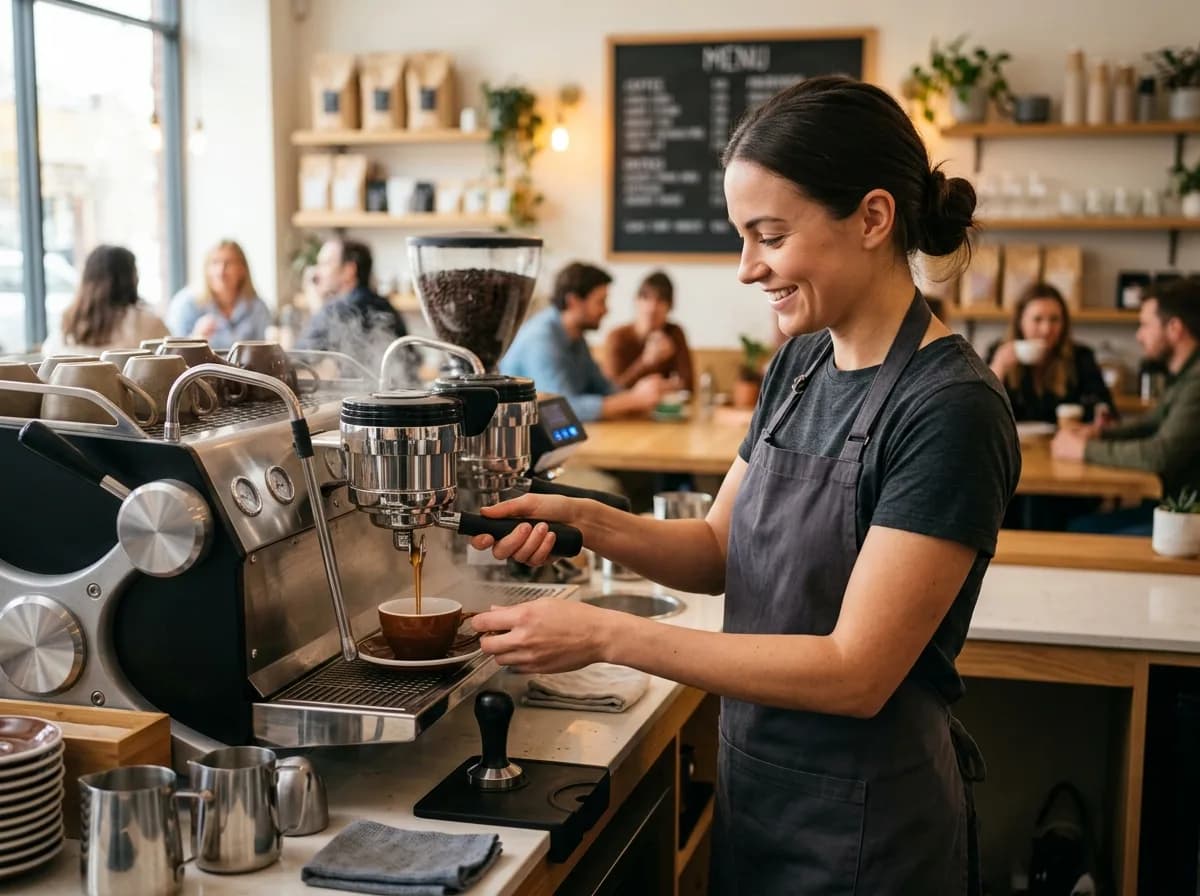 A barista tamping coffee behind the counter.